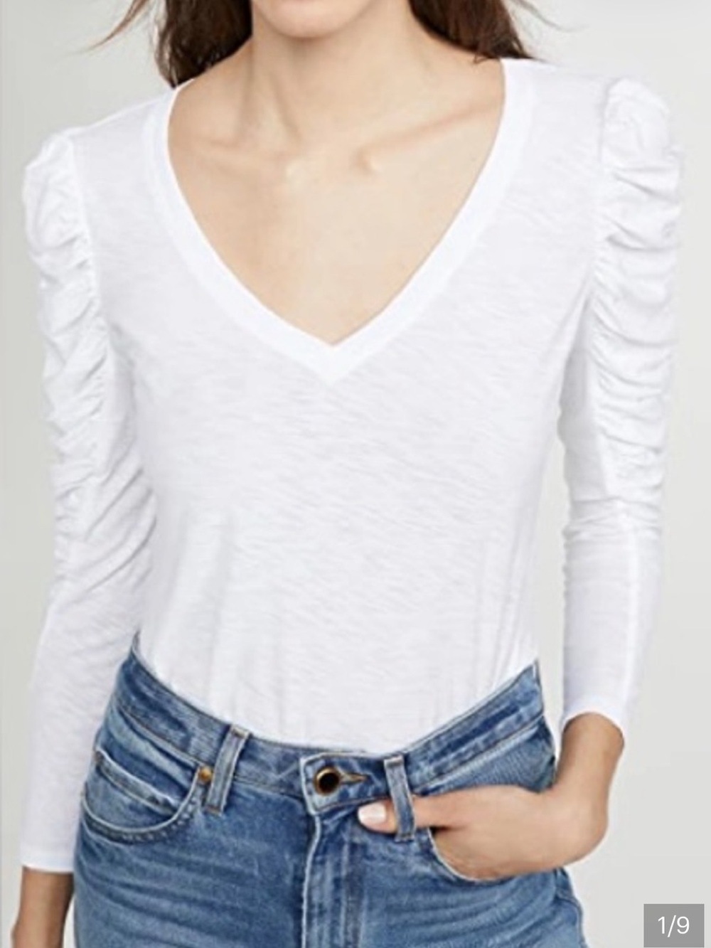 Nation LTD White Kristen Ruched Sleeve V-Neck Pima Cotton Top Tee Size S